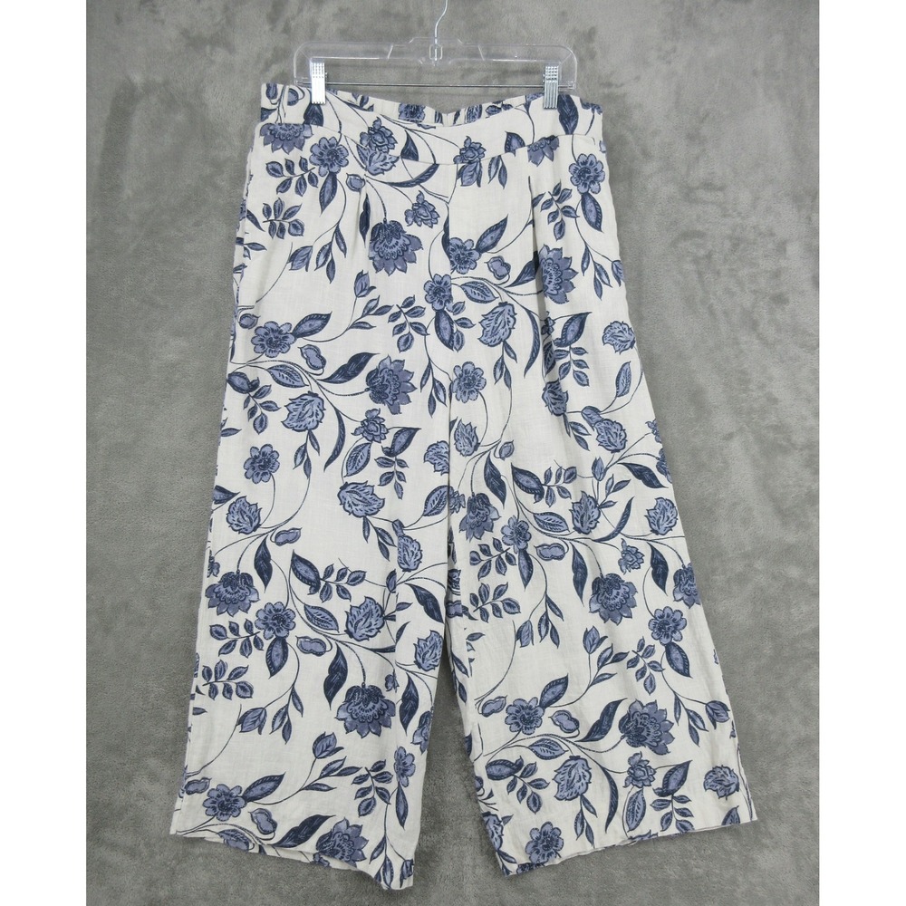 Ella Moss Pants Womens Size XL Blue Floral Linen Blend Wide Leg Culottes Boho